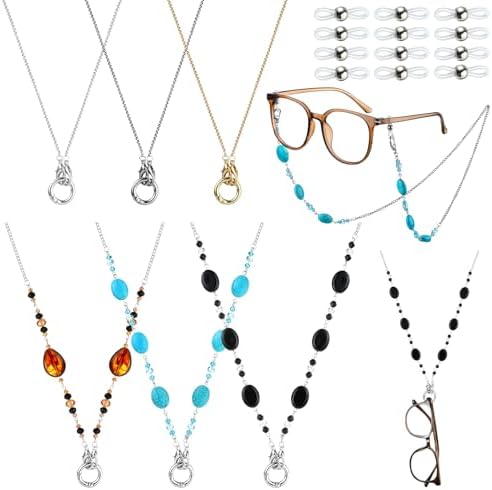 Geyoga 6 Pcs Eyeglass Holder Chain Loop Glasses Necklace Ring Chain Cord Sunglasses Strap Beaded Eyeglasses Necklace Eyeglass Loop Holder Elegant Eyewear Retainer for Women Men