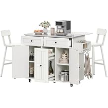 DWVO Kitchen Island with Seating, Mobile Kitchen Storage Island with Drop Leaf Countertop, Large Kitchen Island Table with Drawers, Cabinets, Bar Stools, Towel Rack and Spice Rack, White