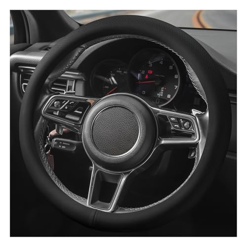 Leather Steering Wheel Cover for Men Women with Upgraded Silicone Inner Ring, Thin, Non-Slip, Breathable, Odorless, Universal 14.5-15 Inch Pure Black, Genuine Leather