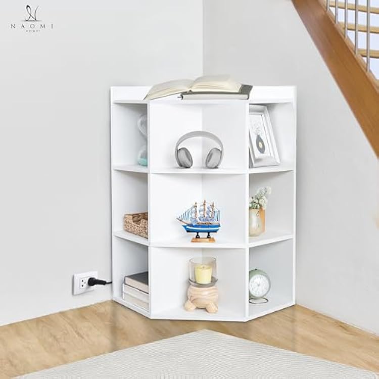 Naomi Home Dona Corner Cabinet Corner Shelf with USB Ports and Outlets Cubby Storage Organizer for Small Spaces 9 Cube Storage Organizer Bookshelf for Kids Room Bedroom Living Room - White