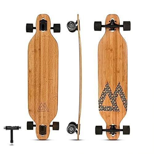 Magneto Bamboo Carving Longboard Skateboard Wood Deck - Drop-Through Deck for Stable Cruising - Longboard with Gold Bearings & Aluminum Trucks - 250 lb Weight Capacity, 38.5in x 9in