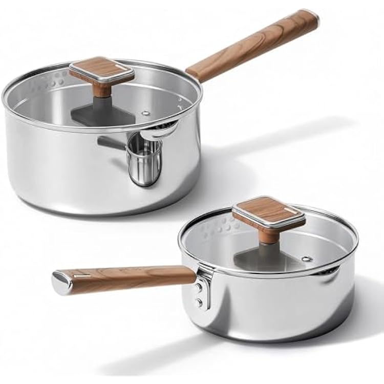 CAROTE1.5Qt & 3Qt Stainless Steel Saucepan Set, Triple Ply Stainless Steel Pot, Saucepan with Glass Lid, Small Sauce Pot with Wooden Handle, Easy Pour Rim
