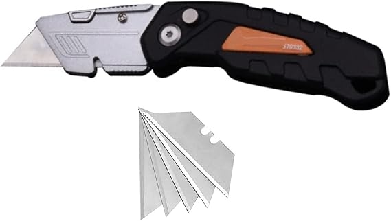 Edward Tools Folding Utility Knife with SK5 Replacement Blades - Foldable Razor Knife with Locking Release Button - Metal Belt Clip - Quick Snap Lock Blade Change - Wire Stripping Notch (1)