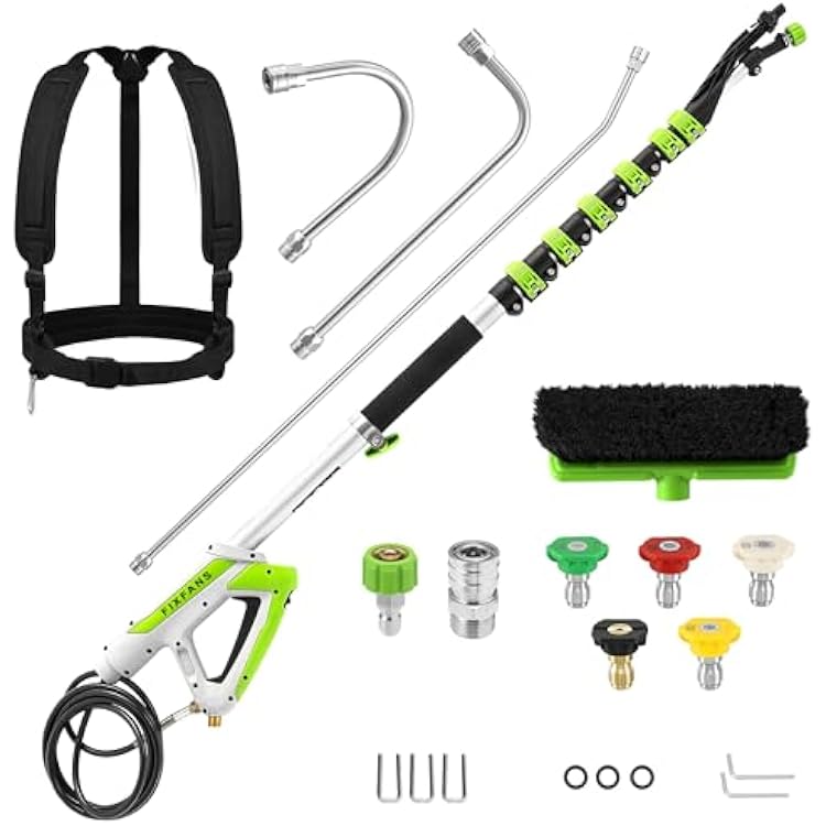 FIXFANS 21 FT Telescoping Pressure Washer Wand with Brush, 4000 PSI Telescopic Power Washer Extension Wand, 3 Gutter Cleaner Curved Rods, 5 Nozzle Tips, 2 Hose Adapters and Support Belt