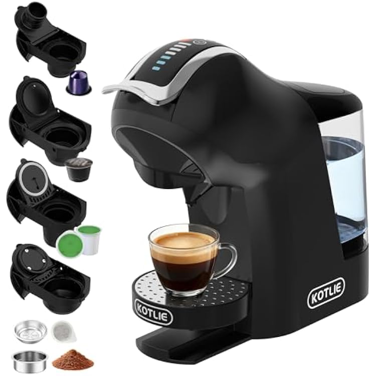 KOTLIE EM-308B Espresso Machine, Single Serve Coffee Maker Compatible with Multiple Capsule Types, Ground Coffee, and ESE Pods, 3 Temperatures, 7 Water Volume Levels, 34 Oz Black