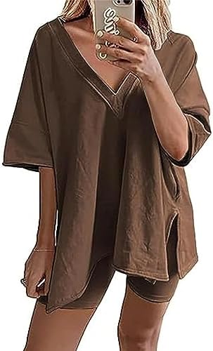 Aimiray Womens Two Piece Outfits Oversized V Neck T Shirt and Bodycon Biker Shorts Reversible Sets Workout TracksuitBrown-L