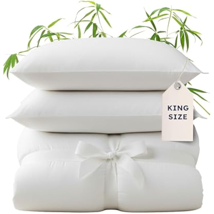 Wooflinen 100% Viscose Derived from Bamboo Duvet Cover Set White Cooling Duvet Cover with Pillowcases Silky Soft Like Silk Bed Sheets Zipper Closure & Corner Ties King, 3 Pc Set