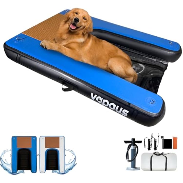 Vapaus Inflatable Dog Boat Ramp Floating Pup Dock Ladder for Water Pool Lake Pontoon Heavy Duty Non-Slip Portable Swim Platform for Swimming Upgraded D-Rings & Accessories for Large Dogs Up to 260lbs