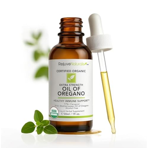 RejuveNaturals Extra Strength Oil of Oregano, USDA Organic, 1 fl oz 30ml Liquid Wild, Mediterranean Oregano Oil. Concentrated Immune Support Drops. Gluten Free, Vegan & Non-GMO. Min 77% Carvacrol