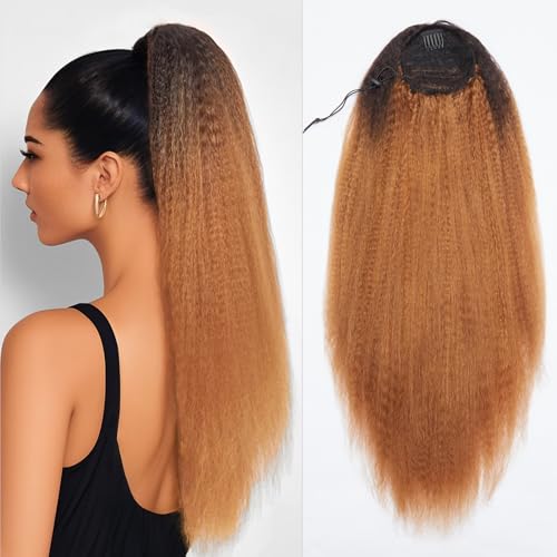 GORGIUS Ponytail Extension,24 Inch Drawstring Kinky Straight Ponytail Gradient Strawberry Brown Synthetic Hairpiece for Women,Pony Tails Hair Extensions for Daily Use