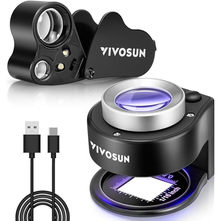 VIVOSUN 2-Pack Jewelry Loupe, 30X and 60X Foldable Magnifier UVLED Lights, Desktop Loupe with LED & UV Lights for Jewelry, Gems, Watches, Coins, and Stamps, Black