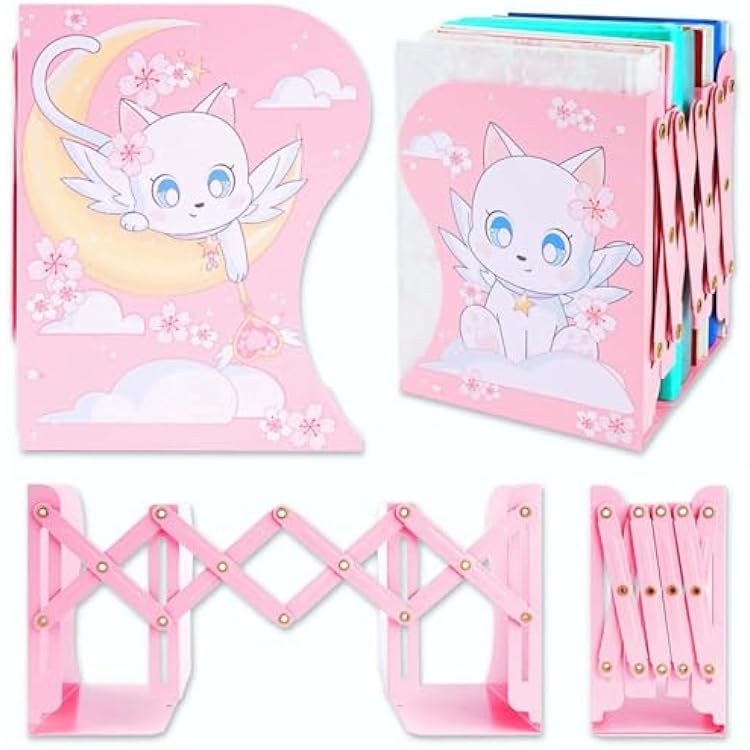 BelugaDesign Cat Moon Bookends | Anime Cute Magical Kawaii Pink Yellow White Pastel Clouds Cherry Blossoms Decorative Book Holder Stopper for Women Home Office Desk Bookshelf | Metal Hollow Decor