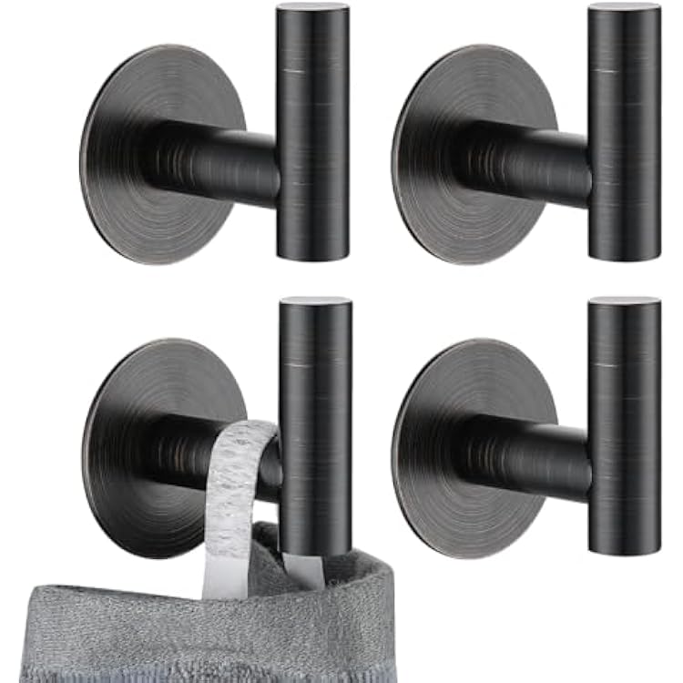 JQK Self Adhesive Towel Hook Bronze, No Drill Stick on Coat Robe Clothes Wall Hook for Bathroom Kitchen Garage 4 Pack, 304 Stainless Steel Oil Rubbed Bronze, ATH110-ORB-P4