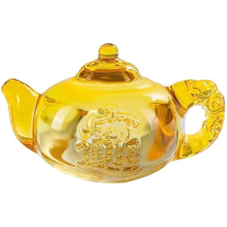 Golden Feng Shui Teapot Ornament - Zhao CAI Jin Bao Wealth & Prosperity Figurine - Lucky Chinese Money Pot Decor for Home Office Yellow Crystal