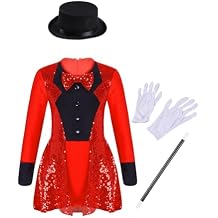 Girls Circus Ringmaster Jumpsuit Kids Dancer Role Playing Long Sleeves Bow Tie Sequins Leotard with Hem