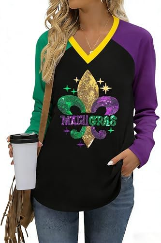 Mardi Gras Shirts for Women: Fat Tuesday Shirt V Neck Graphic Tshirt New Orleans Carnival Party Long Sleeve Tops