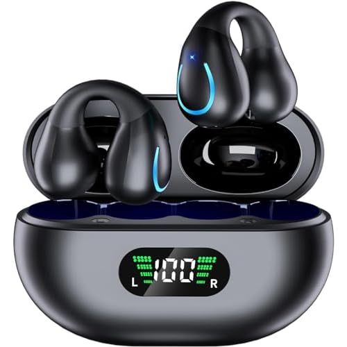 Open Ear Bone Conduction Headphones,True Wireless Bluetooth 5.3 Lightweight Comfort Clip On Earbuds with LED Digital Display Charging Case Sport Built-in Mic IPX7 Waterproof for Running Fitness,Black