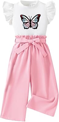Nivne Tco Toddler Girl Clothes - Butterfly Graphic Flounce Short Sleeve & Paper Bag Waist Belted Pants - Kid T-Shirt Set