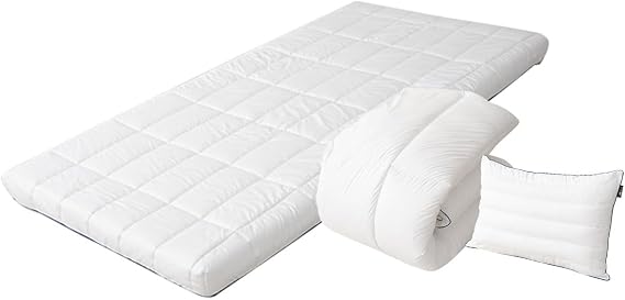 EMOOR Japanese 3-Piece Futon Set (Mattress, Comforter & Pillow) Blue-LINE Twin, Foldable Floor Sleeping Bed Shikibuton Tatami Mat
