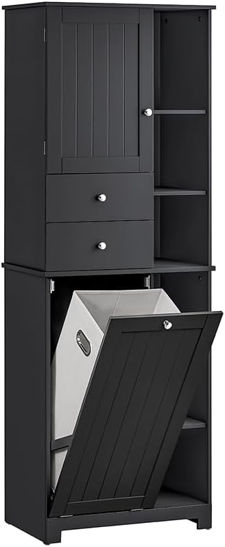 SoBuy Tall Tilt-Out Laundry Hamper Cabinet with Removable Basket and Shelves, Freestanding Laundry Storage Cabinet for Laundry Room or Bathroom, Black BZR104-SCH | Tall Tilt-Out Laundry Storage Cabinet With Removable Basket, Freestanding Organizer For Laundry Room, BZR104-SCH