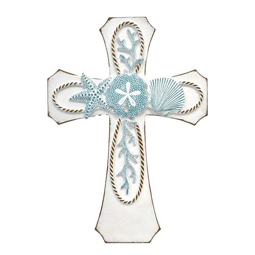 AMAJY Coastal Nautical Spiritual Wall Cross with Starfish, Coral, and Sea Shell Design, Beach House Decor, White Resin Religious Wall Art, Decorative Gift for Ocean Lovers and Coastal-Themed Homes