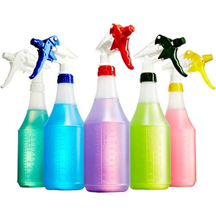 Leak-Free Chemical Resistant Spray Head and 24oz Bottle 5Pk Heavy-Duty Industrial Sprayer with Low-Fatigue Trigger and Nozzle for AutoCar Detailing, Window Cleaning and Janitorial Supply.