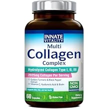 Innate Vitality Multi Collagen Peptides, Type I, II, III, Vitamin C, Biotin, Hyaluronic Acid & Turmeric, 2025mg Hydrolyzed Collagen for Women & Men, Skin, Hair & Nail Support, 60 Capsules