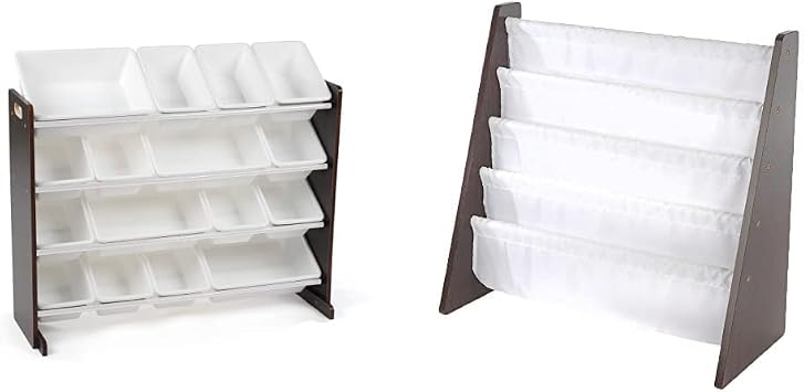 Humble Crew Extra-Large Toy Organizer, 16 Storage Bins, Espresso/White &, Espresso/White Kids Book Rack Storage Bookshelf, 4 Tiers