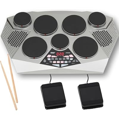 Pyle Pro Electronic Drum kit - Portable Electric Tabletop Drum Set Machine with Digital Panel, 7 Drum Pad, Hi-Hat  Kick Bass Pedal Controller USB AUX -Tom Toms, Hi-Hat, Snare Drums, Cymbals - PTED06