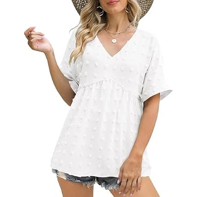 Summer Short Sleeve V Neck Ruffle Sleeve Chiffon T Shirts for Women Casual Loose Solid Color Tops Blouses Wear with Jeans