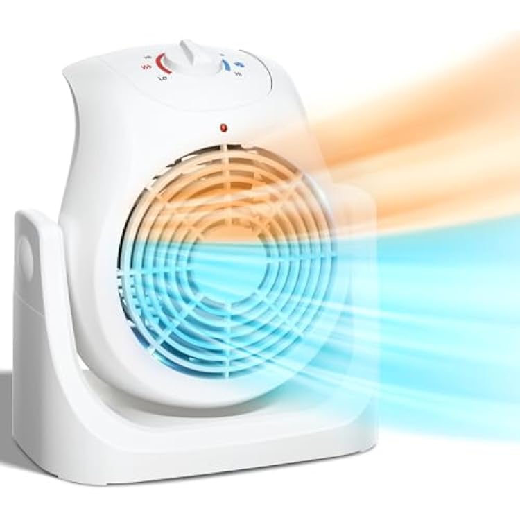 LifePlus 2 in 1 Heater Fan Combo, Portable Cooling Desk Fan, Air Circulator Fan 45 Tilt, 2 Wind Speeds, 1500W Overheat Protection Personal Small Floor for Home Office White