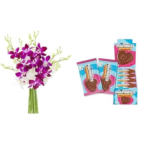 KaBloom Exotic Purple & White Orchid Bouquet with MrBeast Caramel Valentine Hearts 20-Count Milk Chocolate Gift Set