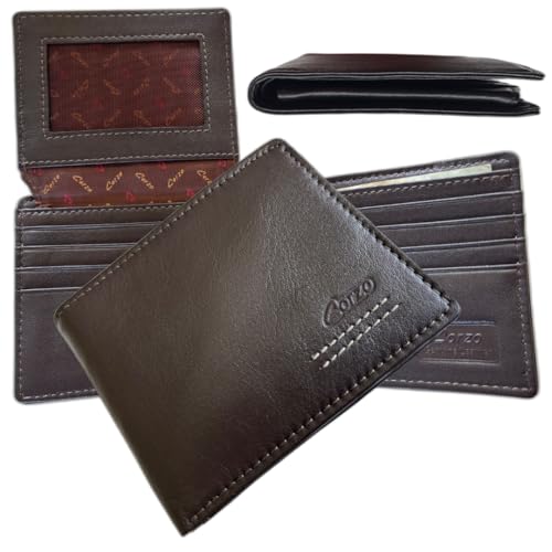Mens Slim Genuine Leather Wallet - Full grain GENUINE LEATHER bifold wallet with ID window and additional compartments on the left flap.4,33x3,54x0,462g. Buenos Aires648A.