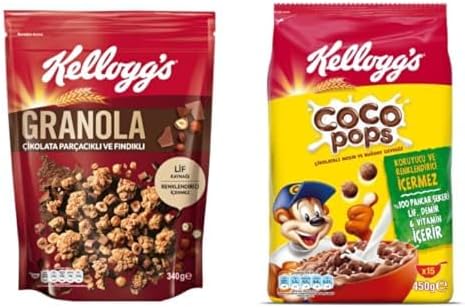 Kellogg's Granola Chocolate with Particles and Nuts 340 Gr & Coco Pops Chocolate Wheat and Corn Flakes 450 Gr