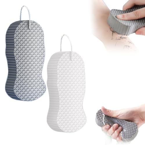 Magic Exfoliating Body Scrubber, 2025 Reusable 3D Super Soft Exfoliating Bath Sponge, Dead Skin Remover for Body, Skin Friendly Sponges for Adults Women Men WhiteGrey,2pcs