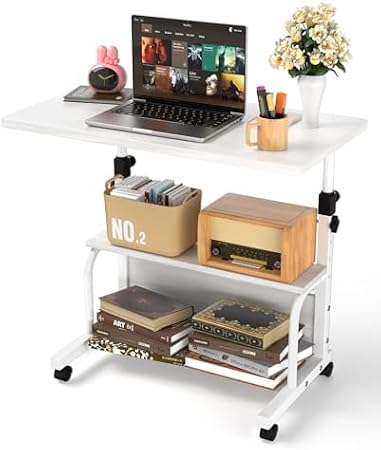 QZMDSM Portable Rolling Desk Small Standing Desk with Wheels Adjustable Height for Small Spaces Rolling Desk 32 Inch Computer Desk with Storage Shelf for Home Office Study White