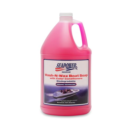 Marine Seapower Wash-N-Wax Boat Soap - Highly Concentrated Carnauba Wax - Ceramic Formulation - Delivers a Deep Clean & Glossy Protected Finish - pH Neutral Formula - Cherry Scent, 1 Gallon 128 oz
