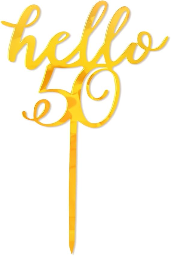 Gold Hello Plus Age-Themed Female Cake Topper, Elegant Acrylic Birthday Cake Decorations with Mirror Finish, Premium Birthday Party Supplies for Women (50th)