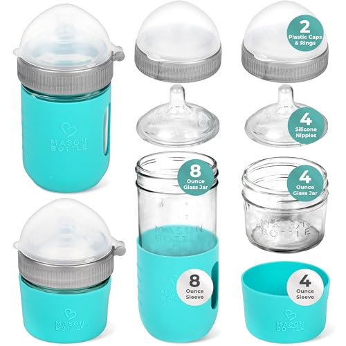 Mason Bottle Baby Glass Bottle Gift Set Includes 8oz & 4oz Feeding Bottles, Slow & Medium Flow Nipples, Silicone Sleeves, Caps and Rings BPA-Free, Non-Toxic, Anti-Colic