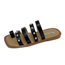 Boxpopla Rivet Strappy Gladiator Slide Sandals for Women's Flat Thong Square Open Toe Slip On Clip Toe Slide Summer Studded Toe Ring Flip Flop Beach Slippers