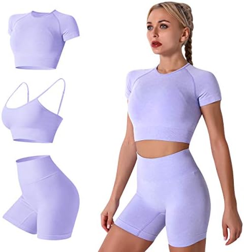 Women Seamless Yoga Outfits 3 Piece Workout Short Sleeve Crop Top Gym Sport Bra High Waisted Running Shorts Activewear