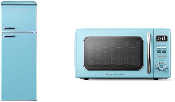 Galanz GLR12TBEEFR Refrigerator, Dual Door Fridge, Retro Blue, 12.0 Cu Ft & GLCMKZ11BER10 Retro Countertop Microwave Oven with Auto Cook & Reheat, 1.1 cu ft, Blue