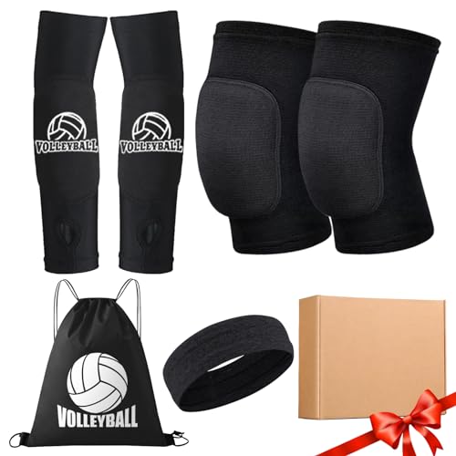 Volleyball Knee Pads Volleyball Arm Sleeves Sweat Band and Drawstring Bag, 4 Pcs High Protection Volleyball Accessories for Women Teen Girls Youth