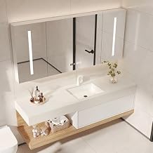 KunMai Floating Bathroom Vanity 59" with Integrated Ceramic Sink, Modern White and Natural Wall-Mounted Bathroom Vanity with Sintered Stone Top, Soft-Close Drawer & Open Shelf