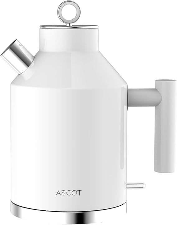 ASCOT Electric Kettle, 1.5L Stainless Steel Interior, Plastic-Free, 2200W Fast Boil, Retro Design, Auto Shut-Off & Boil-Dry Protection - White