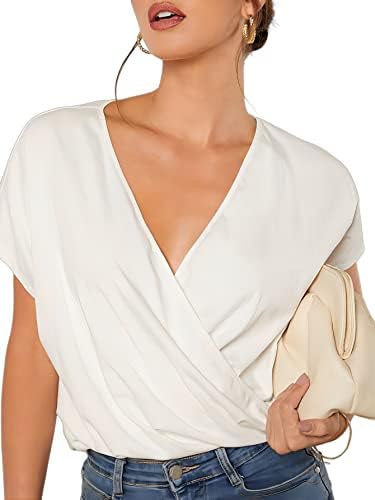 WDIRARA Womens 2023 Wrap Deep V Neck Short Sleeve Ruched Office Elegant Solid Top Blouse Shirt