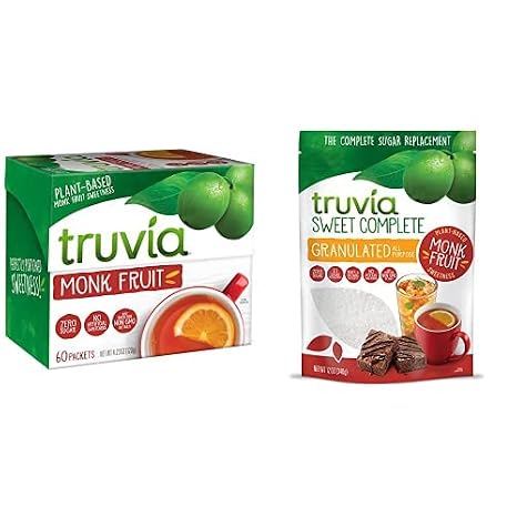 Truvia Calorie-Free Sweetener from the Monk Fruit Bundle (Pack of 2), Includes one box of 60 Monkfruit Packets and one 12oz Sweet Complete Monkfruit Bag