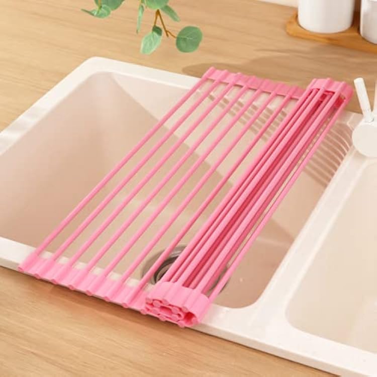 BeyondNice Roll Up Dish Drying Rack, Sink Drying Rack Over Sink Dish Drying Rack Stainless Steel Foldable Drain Rack for Kitchen Sink Counter Utensils Vegetables and Fruits Large,Pink