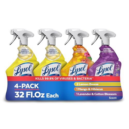 Lysol All Purpose Cleaner Spray, Multi-Purpose Disinfecting Spray, Kitchen & Bathroom Cleaner, Lemon Breeze, Lavender, Mango Scents, 32oz Pack of 4