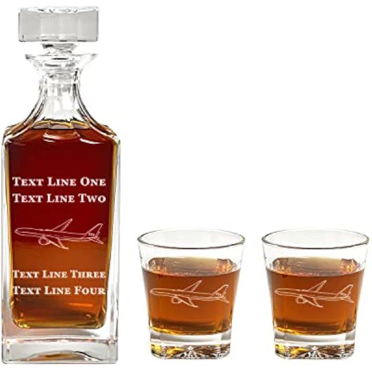 777 Pilot Decanter Set - 900ml Engraved Decanter w 777 Airplane Pilot Design - Retirement Gift, Gift for Promotion, Unique, Milestone Gift - Pilot Present - Pilot Gifts for Men and Women